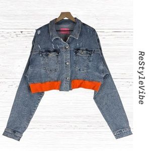 AZALEA WANG Women’s Size 1X Denim Jean Jacket Coat Cropped Crop Stretch Slouch